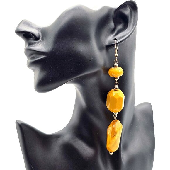 Vintage-Style Long Dangle Earrings – Amber & Mustard Yellow Acrylic Beads - Picture 1 of 7